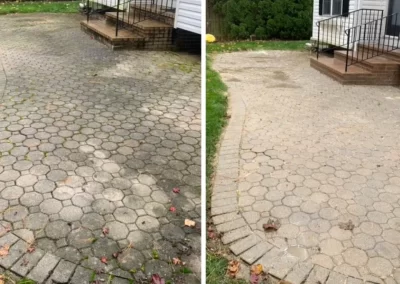 Side-by-side view of a patio before and after cleaning, showing dirty and clean stone pavers.