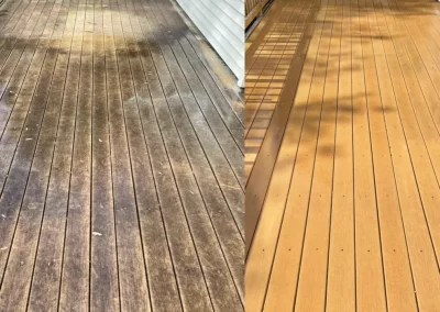 Side-by-side of a wooden deck, left side dirty and weathered, right side clean and freshly restored.