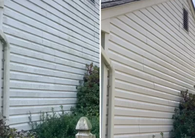 Side-by-side of a house exterior before and after cleaning, showing dirty vs. clean siding.