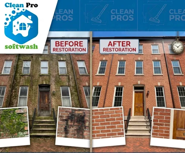 Split image of a dirty building before restoration and a clean building after restoration, with close-up insets.